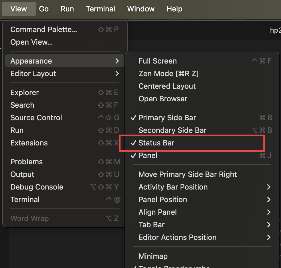 View > Appearance メニューの表示